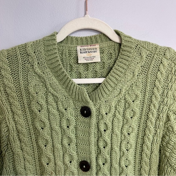 Kilronan Knitwear Green Women's 100% Wool Cable Knit 3/4 Sleeve Cardigan Medium - Picture 2 of 5